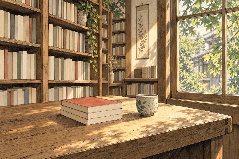 Original manga-style illustration of books and a ceramic cup on a sunlit bookshop table.